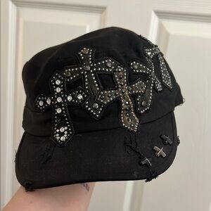 Embellished Black Hat with Cross Design